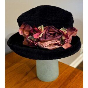 RARE Vintage Smith & Hawken WOMENS BLACK VELVET RIBBON FLOWER Hat